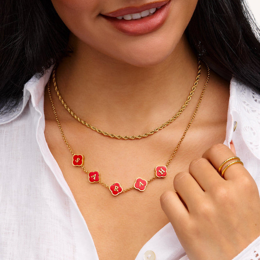 Red Custom Clover Name Necklace (Gold)