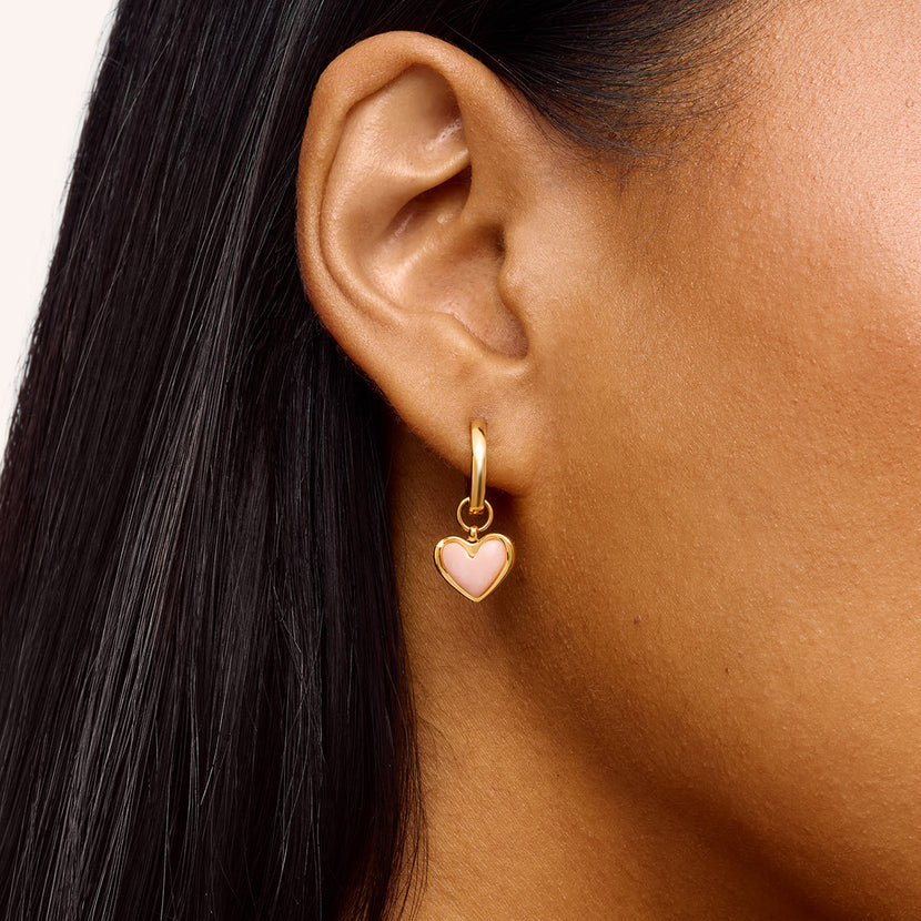 Pale Pink Opal Heart Huggie Earrings Set (Gold)