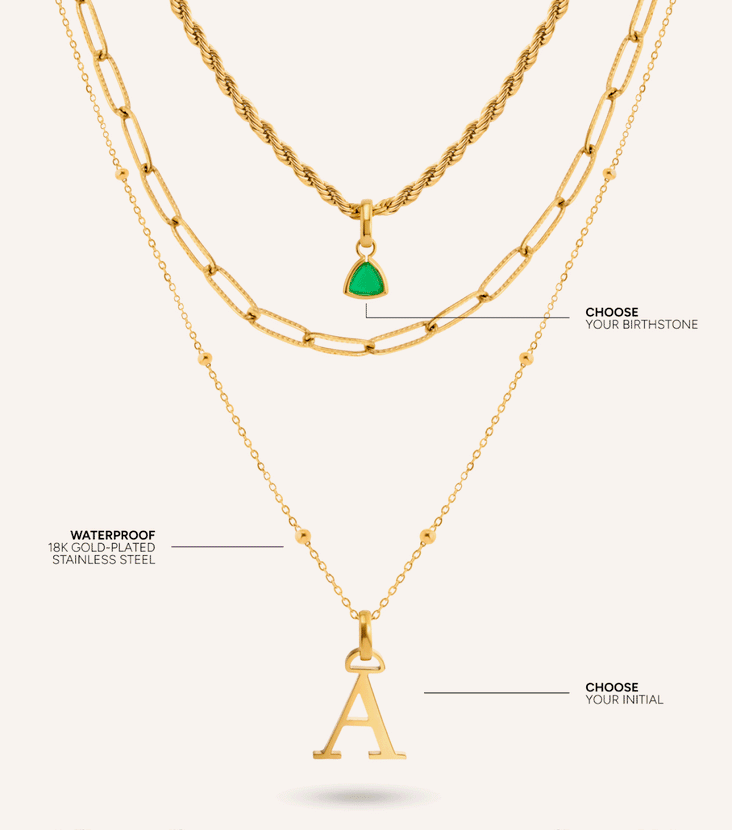 Initial & Droplet Birthstone Layered Necklace Set (Gold)