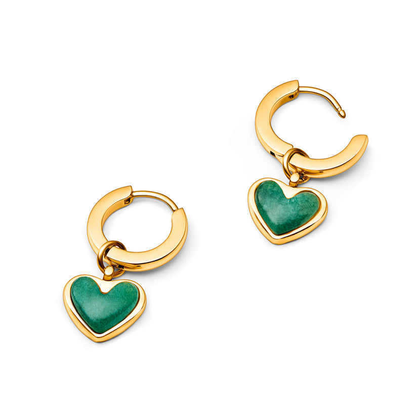 Green Quartz Heart Huggie Earrings (Gold)