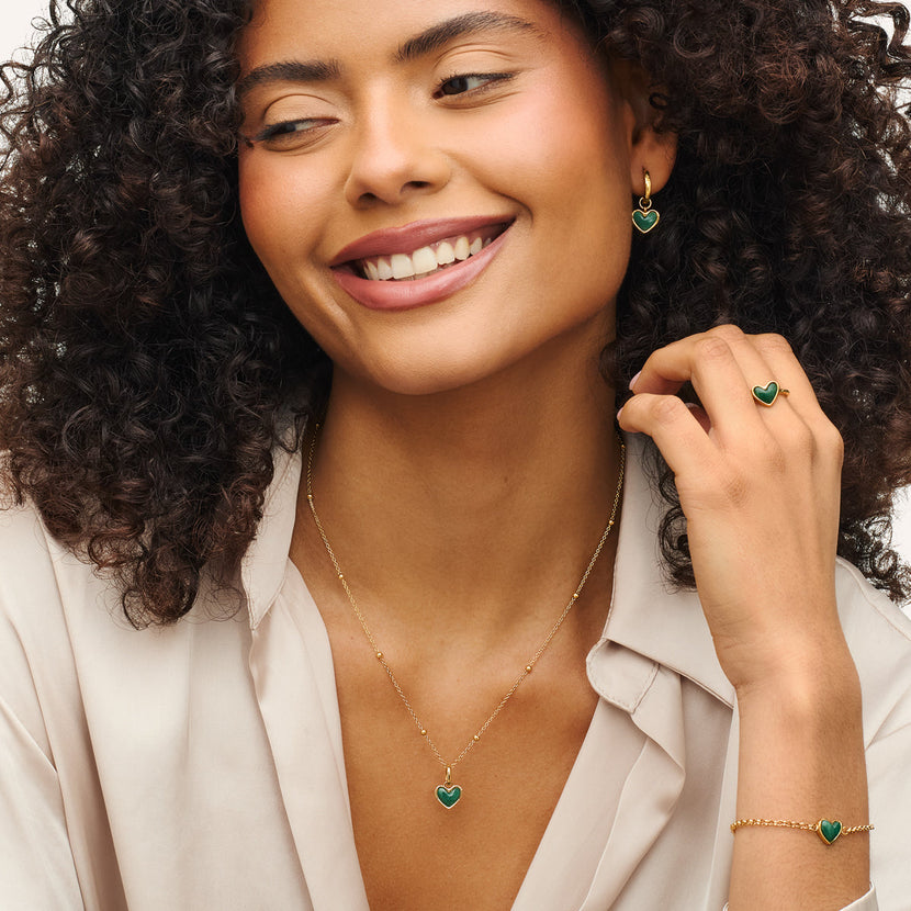 Green Quartz Heart Necklace & Huggie Set (Gold)