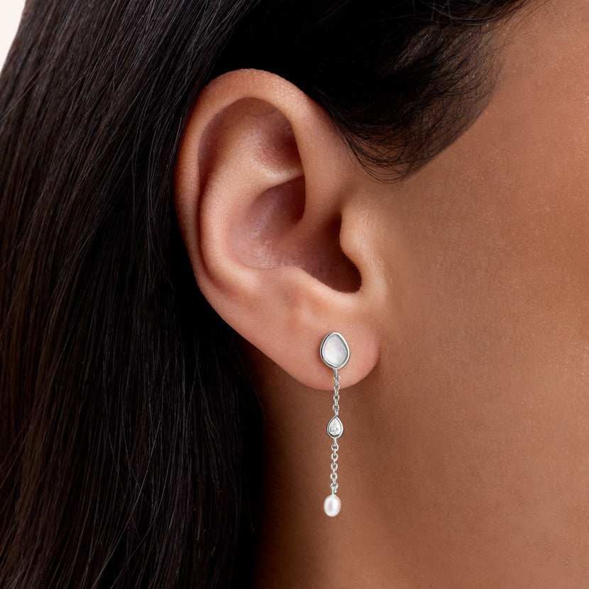 Modern Elegance Quartz & Pearl Drop Earrings (Silver)