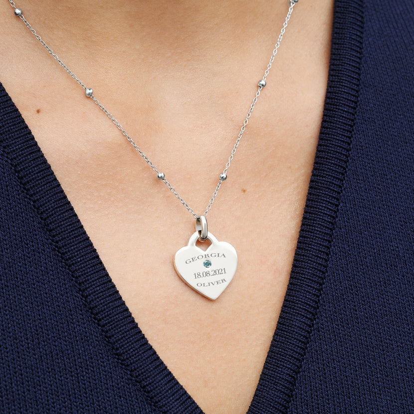 Blue Crystal Heart Token Necklace (Silver)