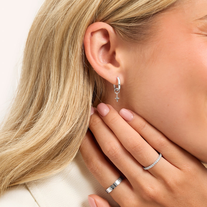 Fine Molten Cross Huggie Earrings (Silver)