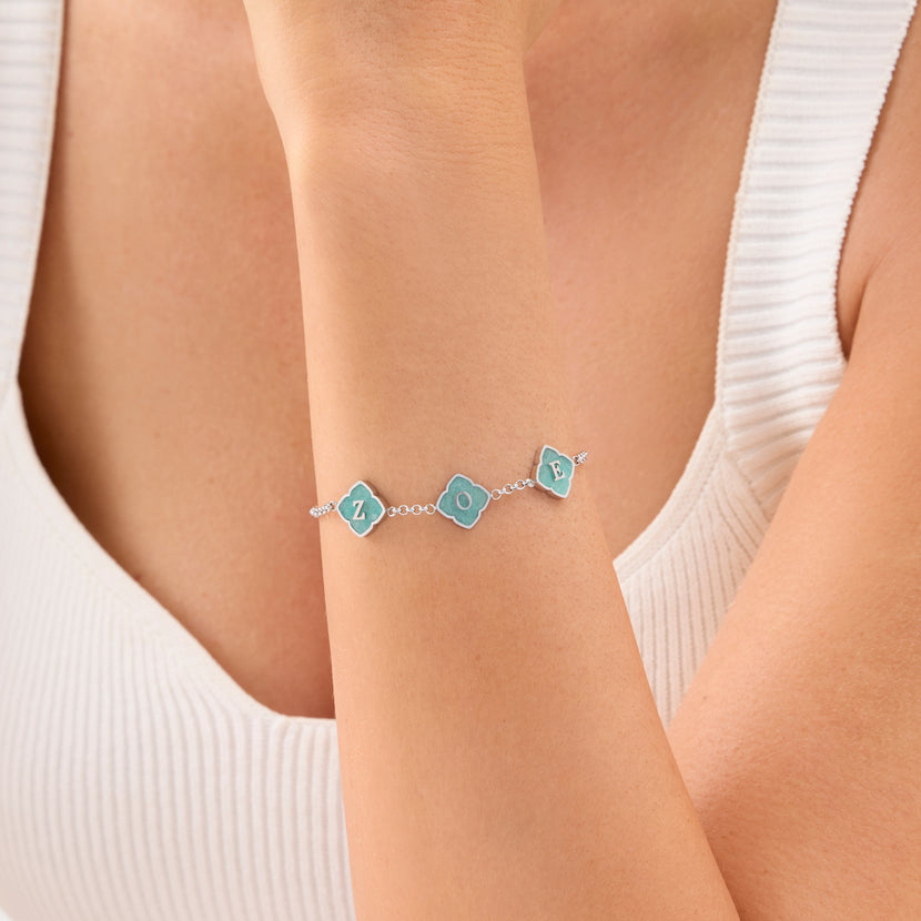 Amazonite Clover Custom Name Bracelet (Silver)