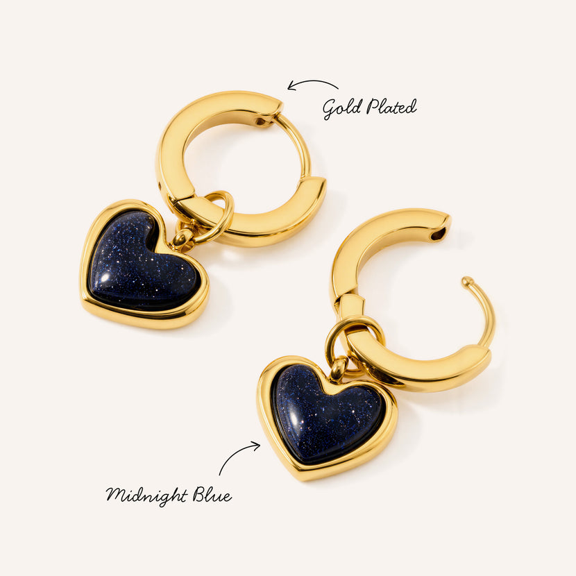 Midnight Blue Heart Huggie Earrings (Gold)