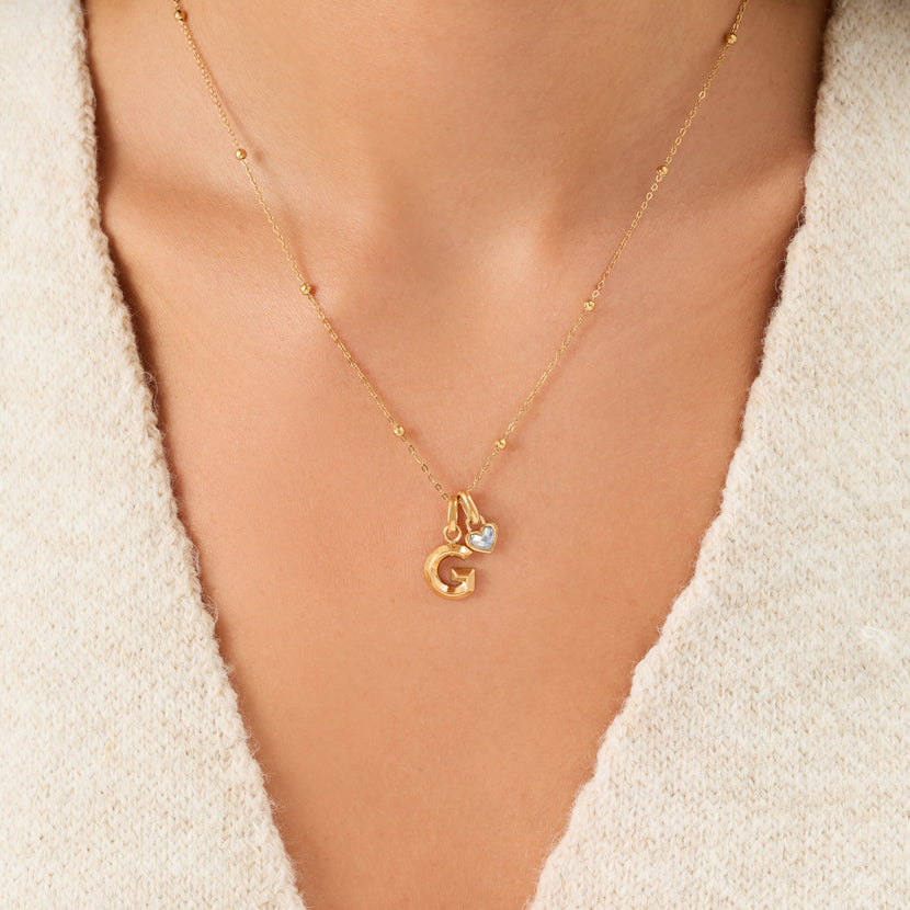 Knife Edge Initial & Birthstone Heart Necklace (Gold)