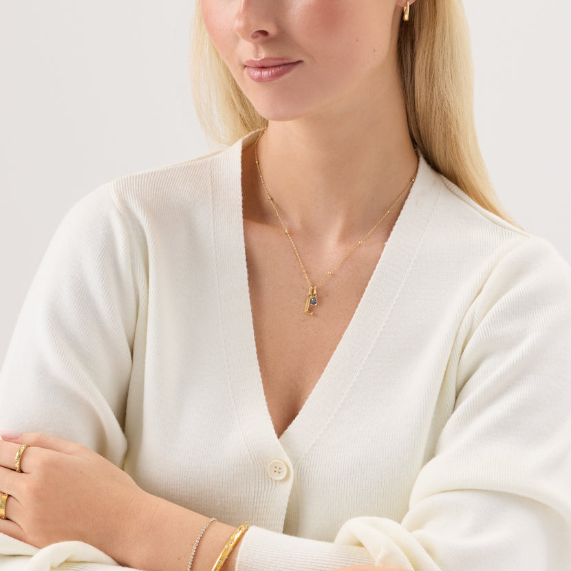 Knife Edge Initial & Birthstone Heart Necklace (Gold)