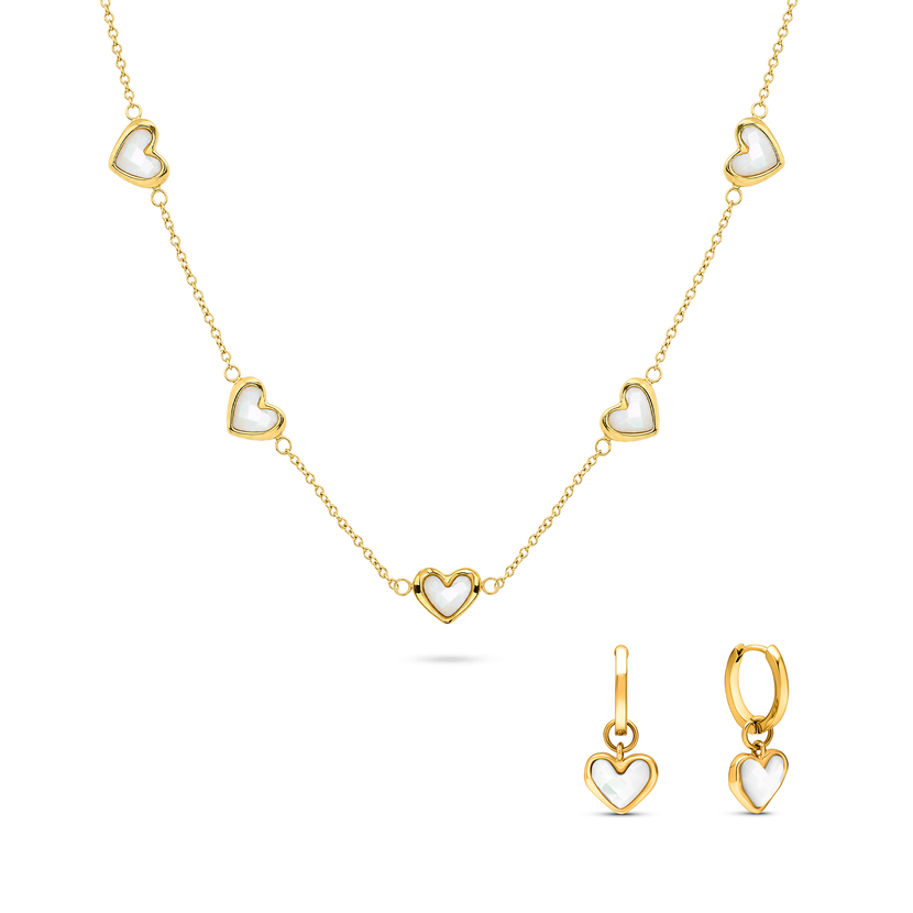 Multi Mother of Pearl Mini Hearts Necklace & Earring Set (Gold)