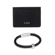 Leather Card Holder & Bonded Leather Bracelet Set (Black)