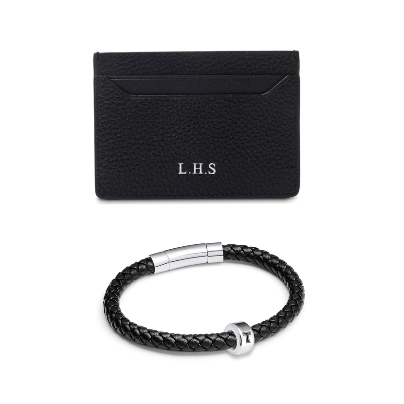Leather Card Holder & Bonded Leather Bracelet Set (Black)
