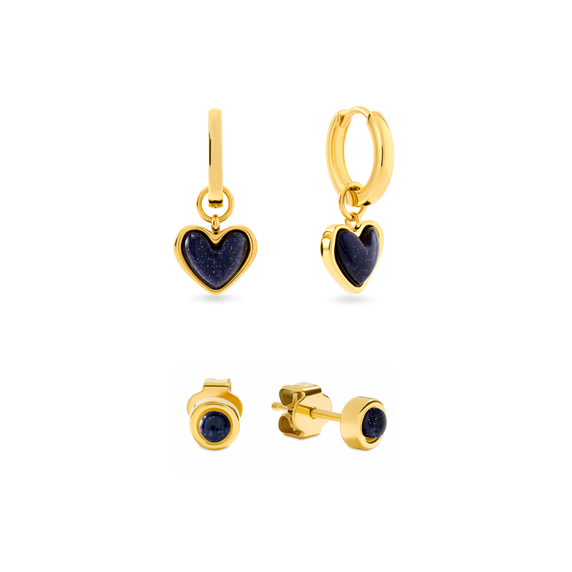 Midnight Blue Heart Huggie & Studs Earring Set (Gold)