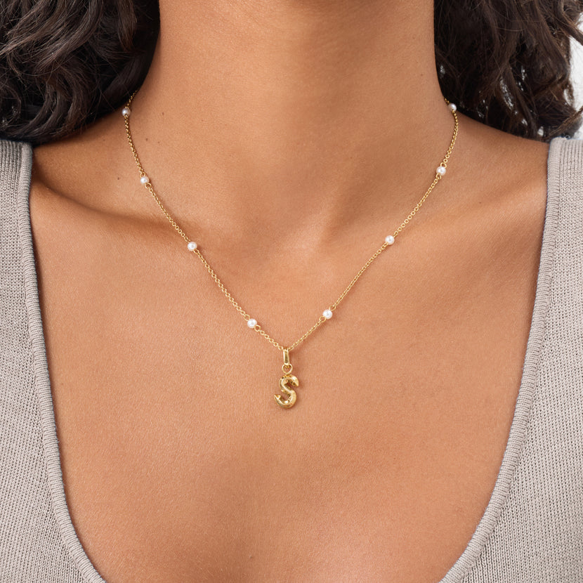 Pearlescent Stationed Necklace & Knife Edge Initial Set (Gold)