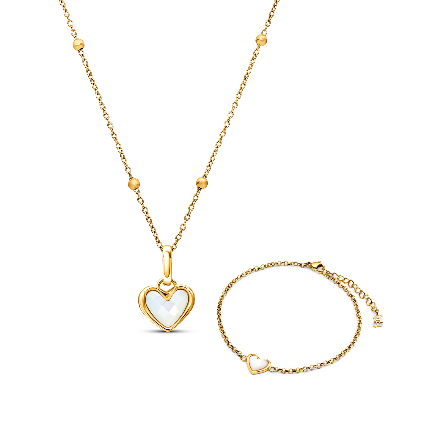 White Quartz Heart Necklace Bracelet Set (Gold)