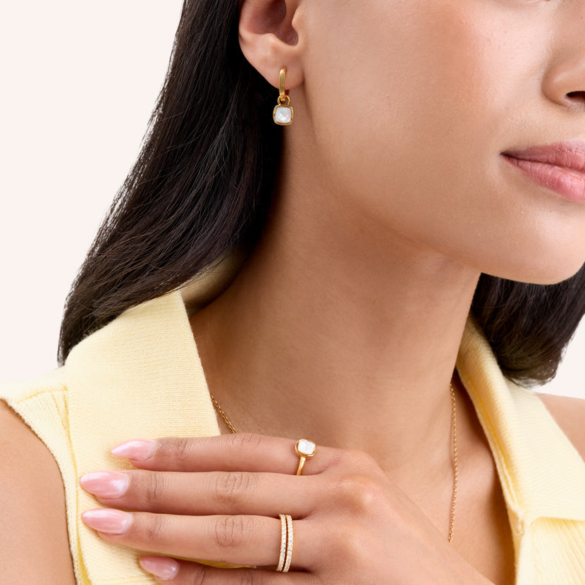 White Quartz Cushion Huggie Earrings (Gold)
