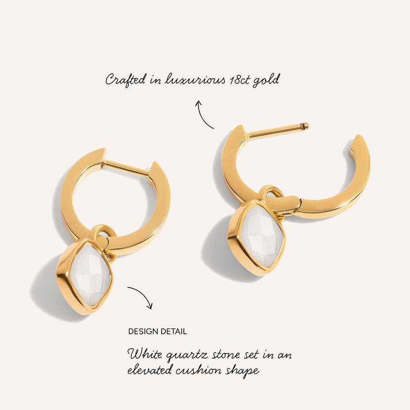White Quartz Cushion Huggie Earrings (Gold)