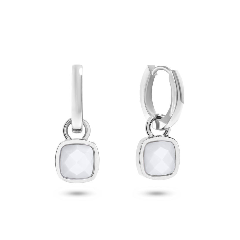 White Quartz Cushion Huggie Earrings (Silver)