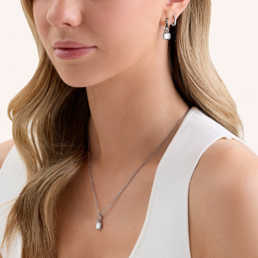 White Quartz Cushion Huggie Earrings (Silver)