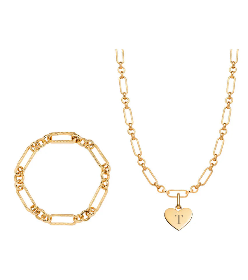 Heart Figaro Chain Necklace Bracelet Set (Gold) - Main Image