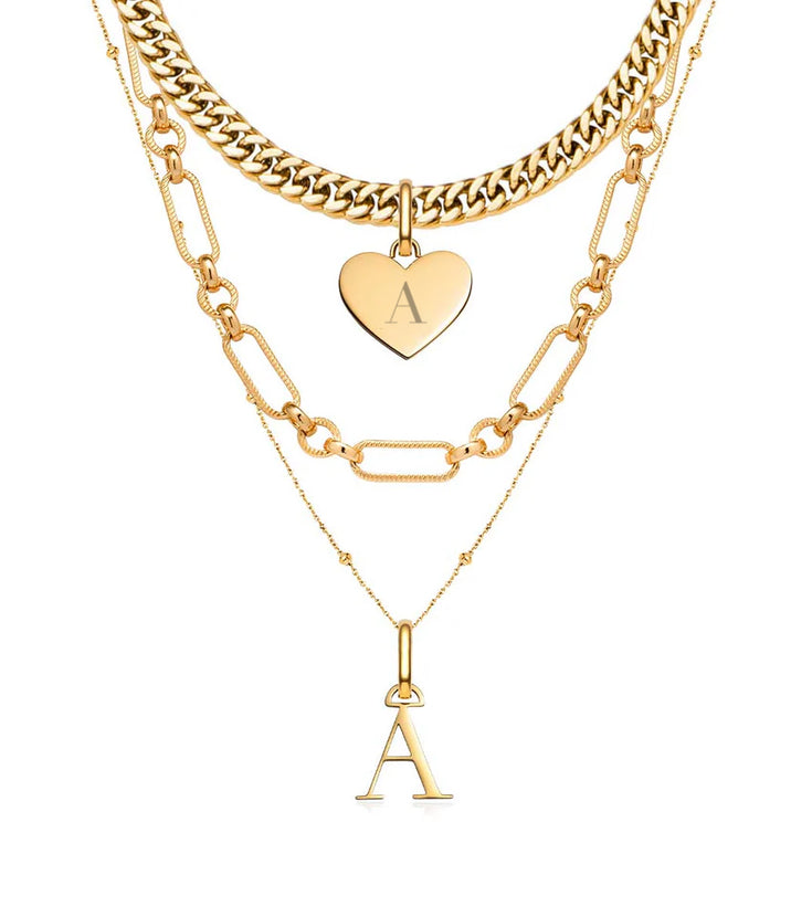 Heart & Letter Multi Chain Layered Set (Gold)