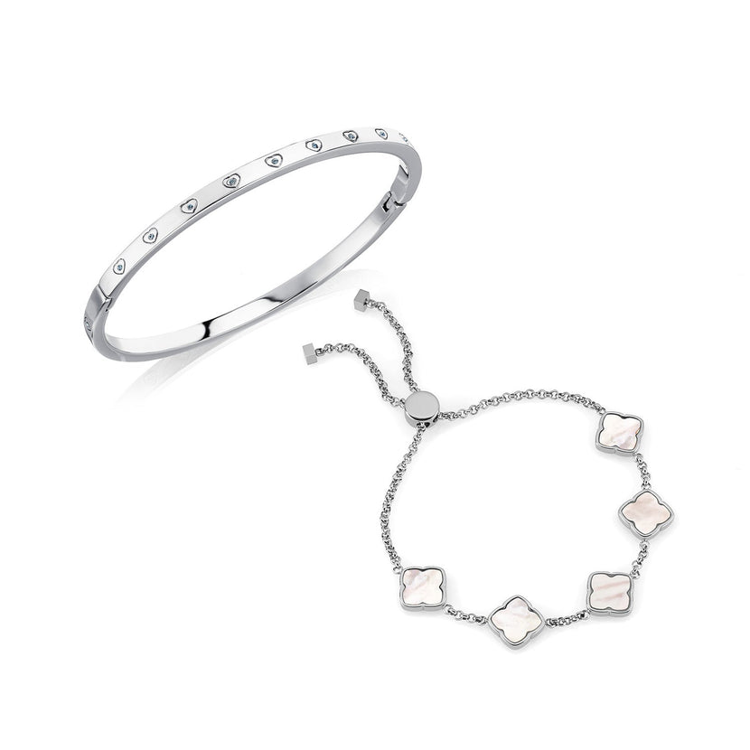 Crystal Heart Bangle & Multi Pearl Clover Bracelet Set (Silver)