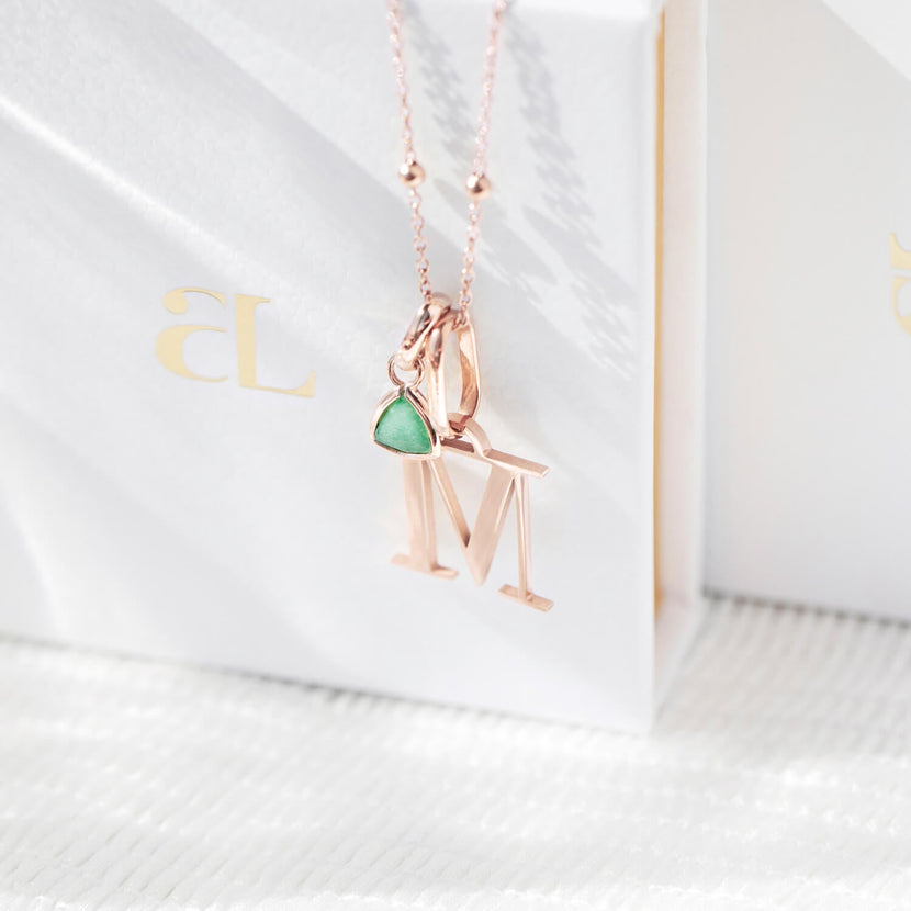 Personalised Initial & Droplet Birthstone Necklace (Rose Gold)