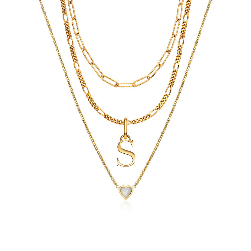 Mini Heart Birthstone & Initial Layered Necklace Set (Gold)