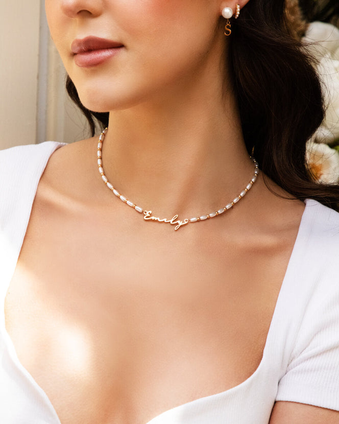 Pearl Chain Signature Name Necklace (Gold)