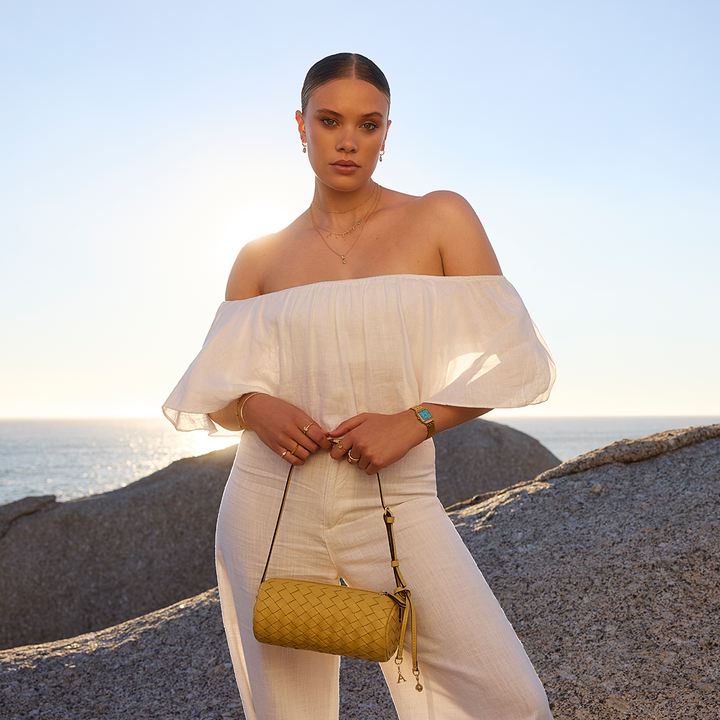 Woven Leather Barrel Bag (Butter Yellow)