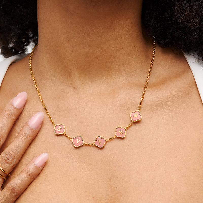 Rose Quartz Clover Custom Name Necklace (Gold)