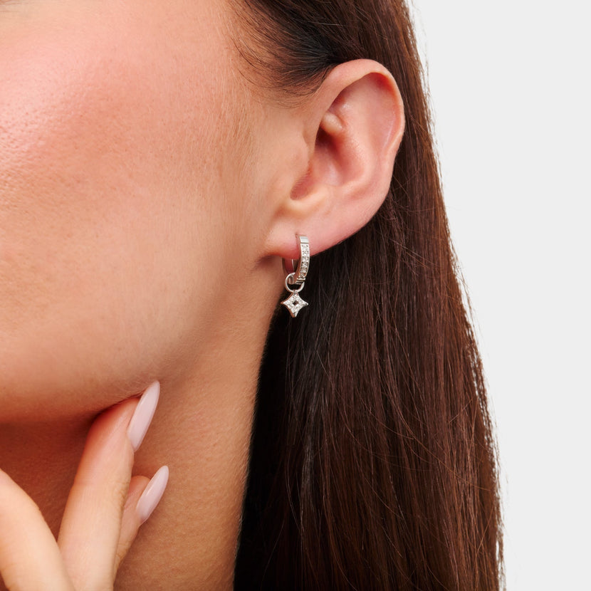 Moon and Back Star Huggie Earring Set (Silver)