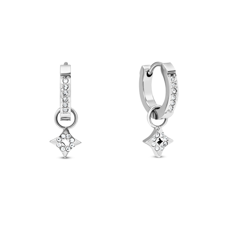 Moon and Back Star Huggie Hoop Earrings (Silver)