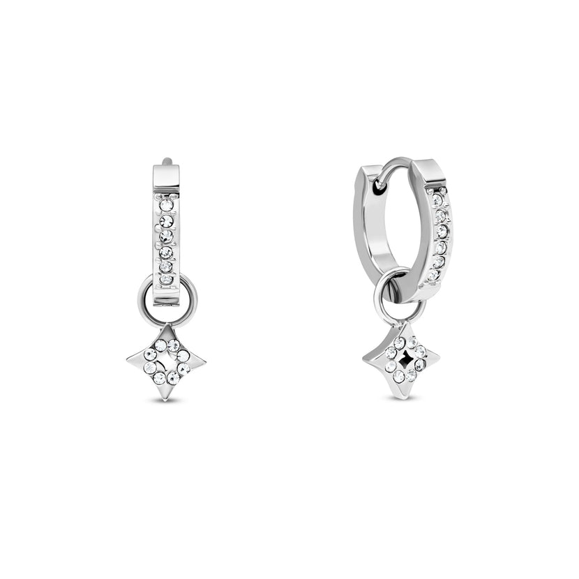Moon and Back Star Huggie Hoop Earrings (Silver)