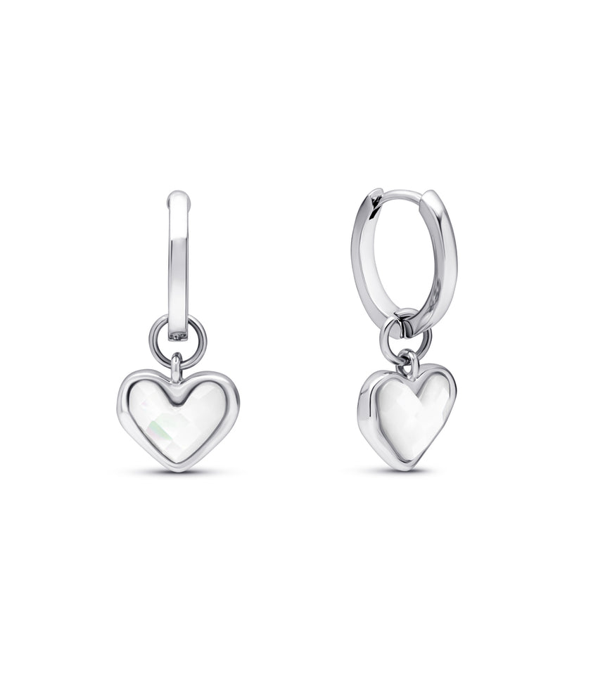 White Quartz Heart Huggie Earrings (Silver)