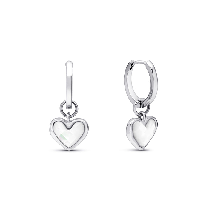 White Quartz Heart Huggie Earrings (Silver)