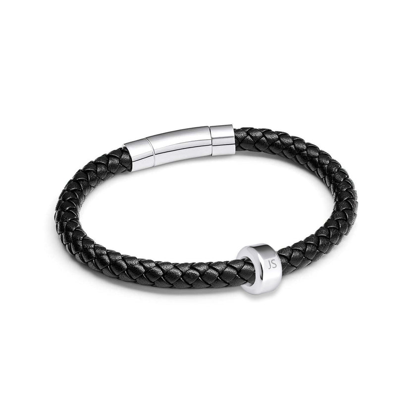 Men's Black Bonded Leather Engravable Bracelet (Silver)