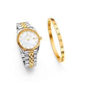 Pearl Belgravia & Crystal Heart Bangle Set (Gold)