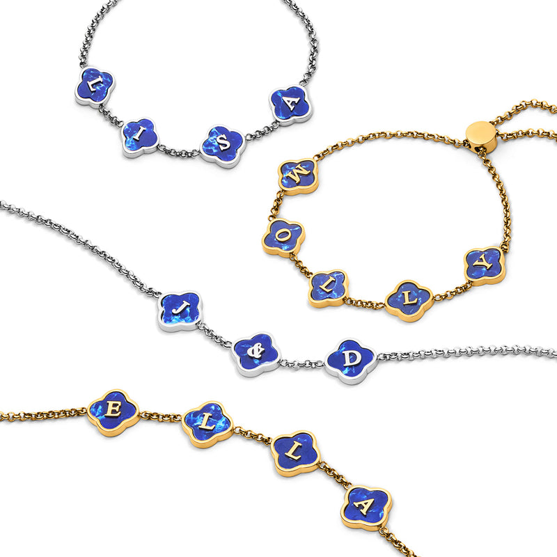 Blue Lace Agate Clover Custom Name Necklace (Gold)