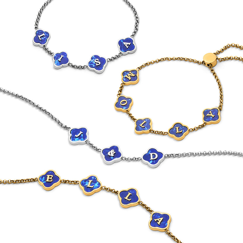 Blue Lace Agate Clover Custom Name Necklace (Gold)