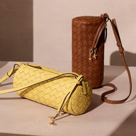 Woven Leather Barrel Bag (Tan)
