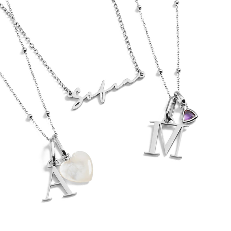 Personalised Initial & Droplet Birthstone Necklace - Silver