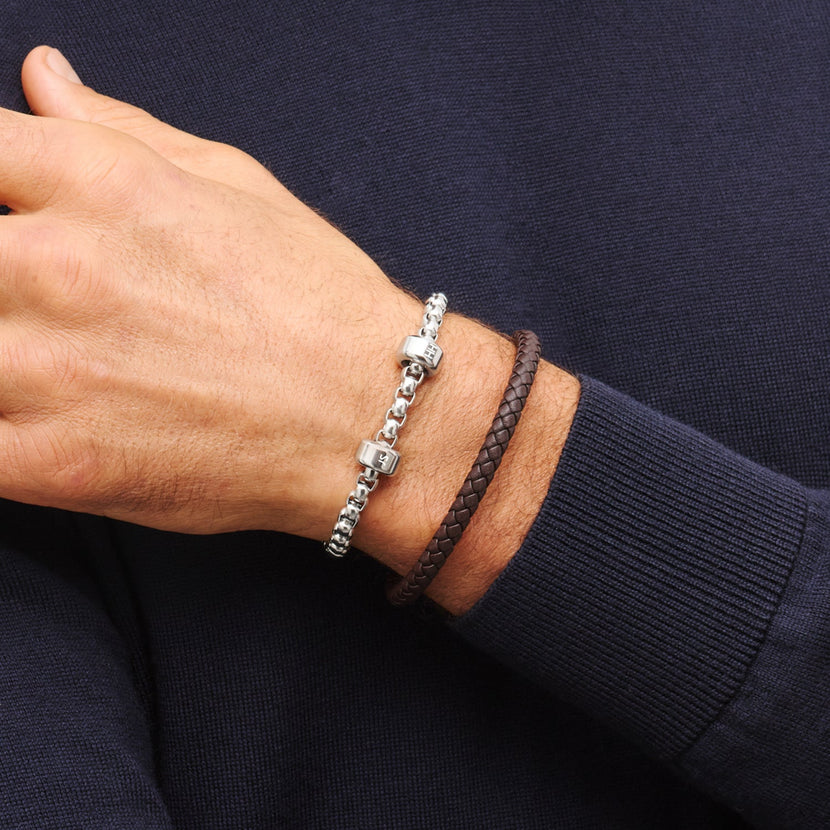 Men's Brown Bonded Leather Engravable Bracelet (Silver)