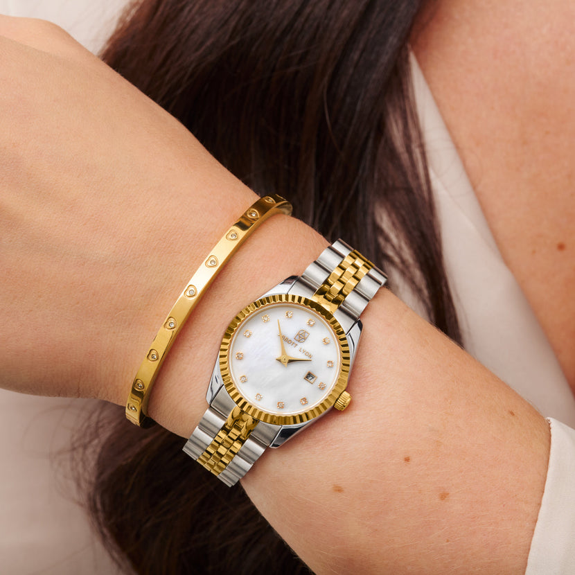 Pearl Belgravia & Crystal Heart Bangle Set (Gold)