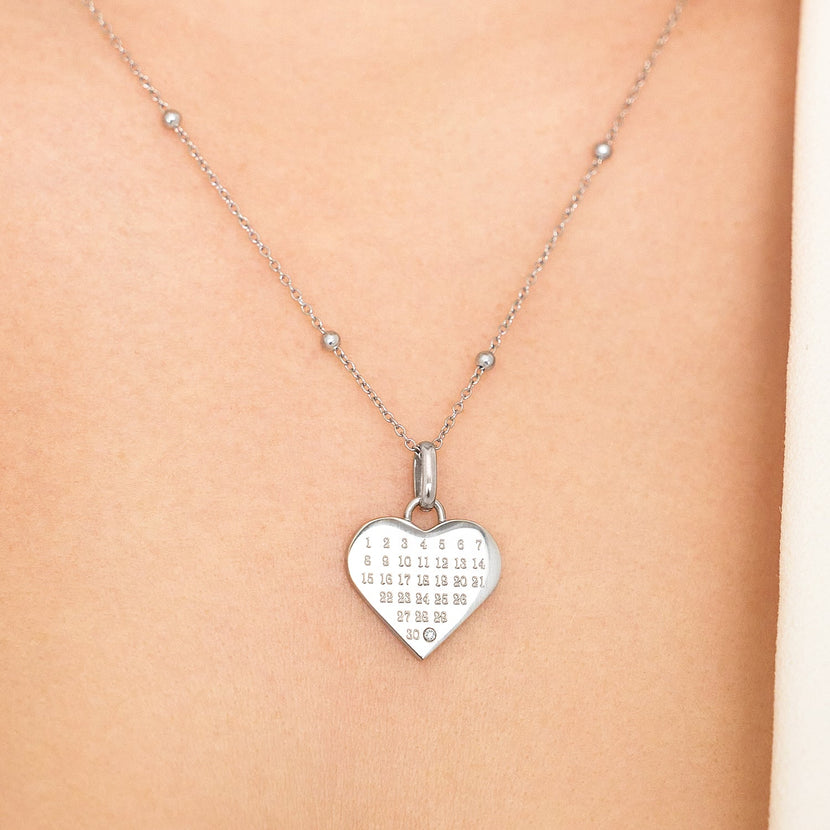 Custom Calendar & Fingerprint Heart Necklace (Silver)