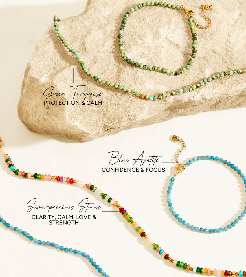 Blue Apatite Beaded Necklace (Gold)
