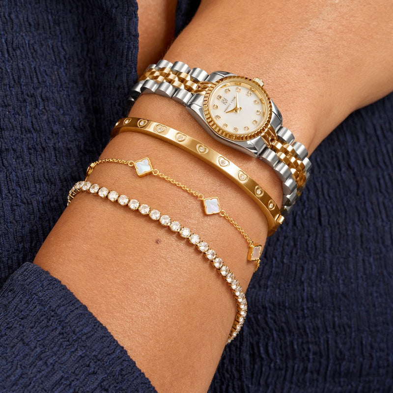 Belgravia Pearl Watch 23 & Crystal Bracelet Set (Gold)