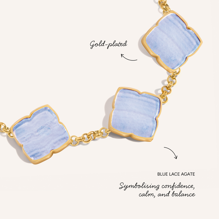 Blue Lace Agate Clover Bracelet (Gold)
