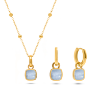 Blue Lace Agate Cushion Necklace & Earrings Set (Gold)