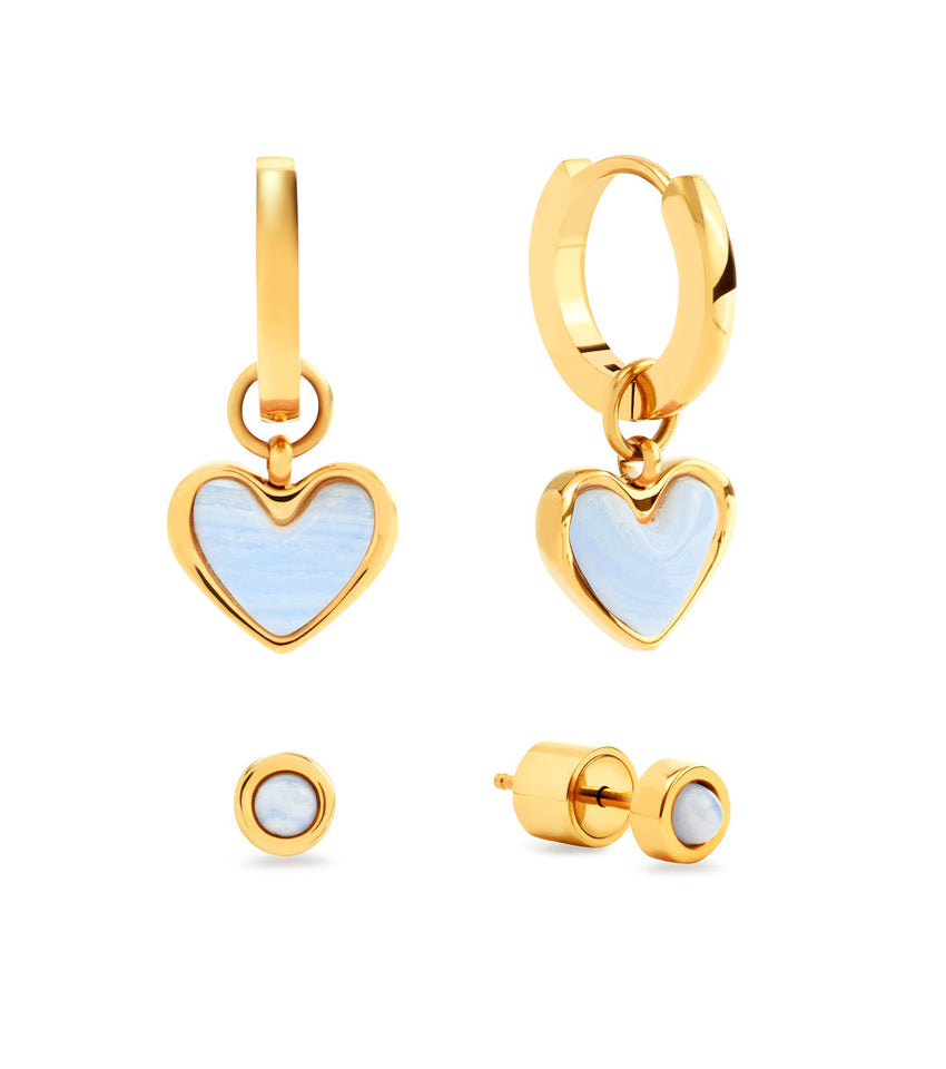 Light Blue Lace Agate Heart Huggie Earrings Set (Gold)