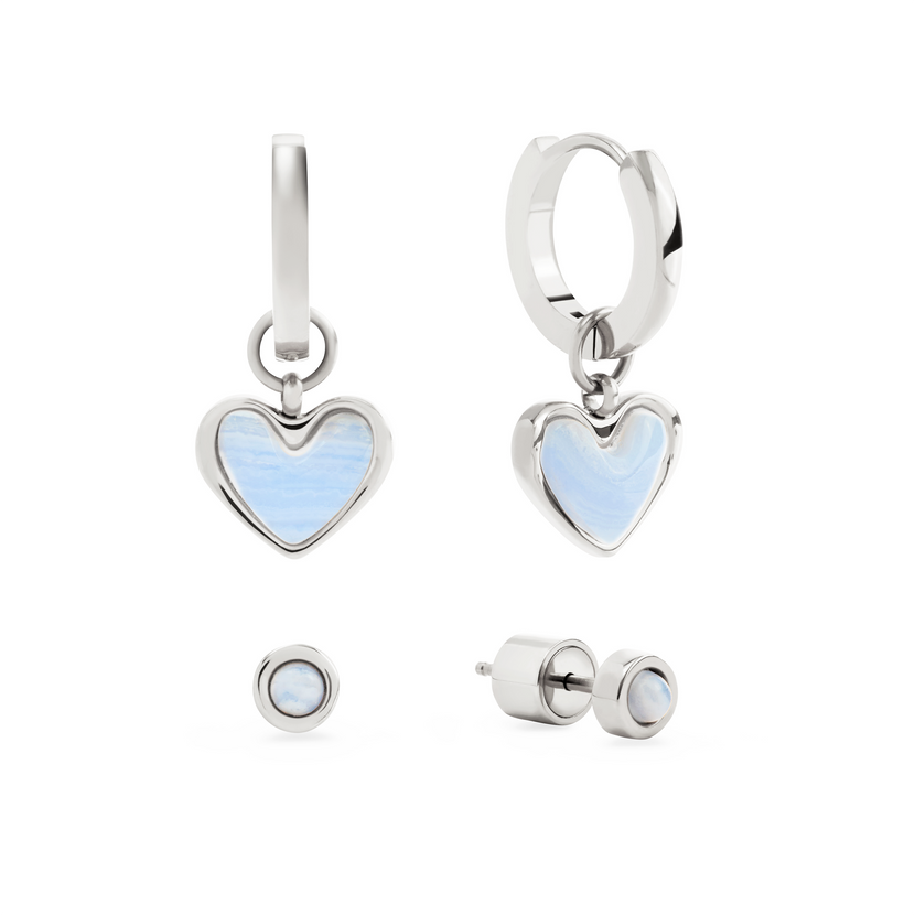 Light Blue Lace Agate Heart Huggie Earrings & Stud Set (Silver)